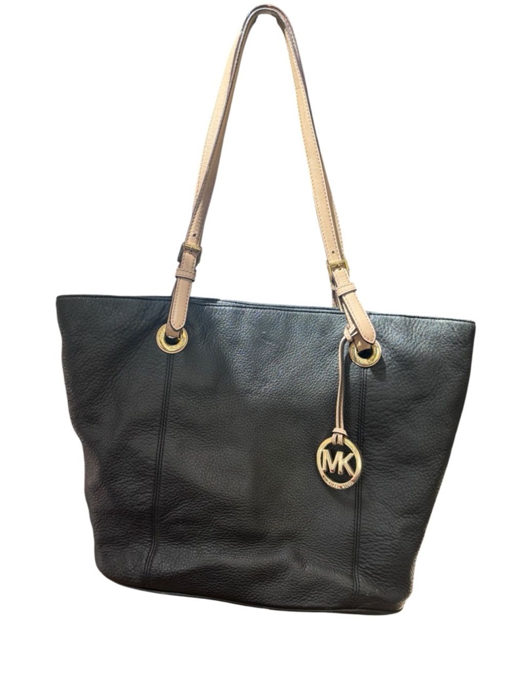 Michael Kors Jet Set Travel Tote in Black Pebbled Leather with Beige Straps